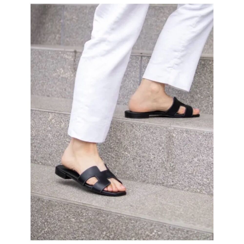 Patricia Green NAPLES Black Leather T Strap Slip On Slide Sandals